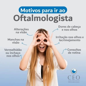 ✨ No post de hoje, destacamos alguns motivos importantes para você visitar o oftalmologista regularmente!  A consulta de rotina é essencial para:   ✅ Detectar problemas de visão precocemente  ✅ Prevenir doenças oculares graves  ✅ Ajustar seu grau de forma correta  ✅ Garantir a saúde dos seus olhos a longo prazo  Não deixe para depois! Agende sua consulta no CEO - Centro de Excelência em Oftalmologia e cuide da sua visão com quem entende do assunto! 👓💙 . 📲 (37) 3237-4600 📲 (37) 3237-4602 📲 (37) 3237-4605 . #Ceo #CeoOftalmologia #Oftalmologia #parademinas #parademinasmg #saudeocular